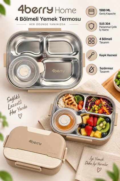 4 Bölmeli Yemek Termosu 1500 ML – Paslanmaz Çelik, Sızdırmaz, Kaşıklı ve Sos Kaplı Beslenme Kutusu