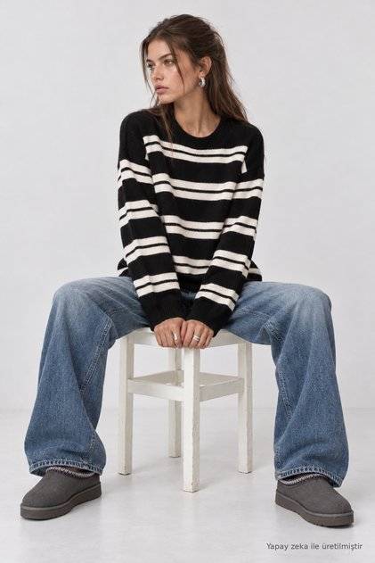 Striped Oversize Knitwear Sweater Lma0001 Black Ecru