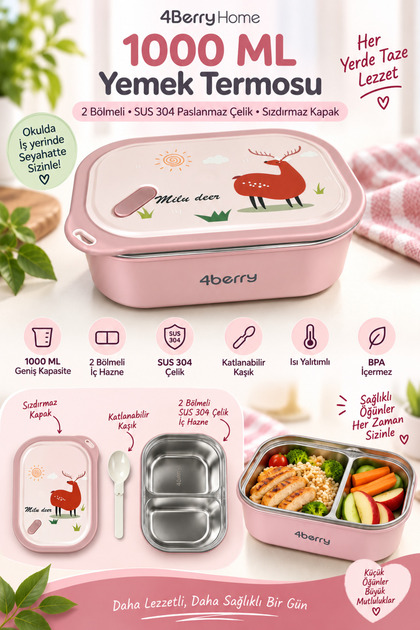 2 Bölmeli Yemek Termosu - Pembe Geyik Desenli Beslenme Kabı - 1000 ML