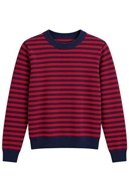 Women's Red Navy Blue Striped Crew Neck Soft Textured Sweater