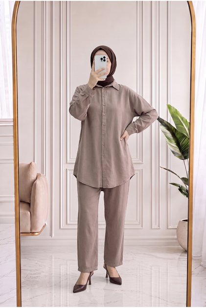 Hümanur Washable Mini Buttoned Trouser Suit-Ey038 Mink