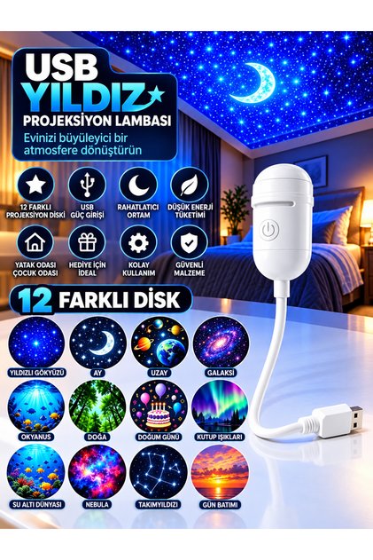 USB Yıldız Projeksiyon Lambası 12Diskli Gece Lambası Galaxy Projektör Çocuk Odası
