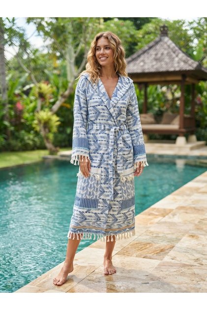 100% Cotton Hooded Tasseled Patterned Muslin Beach and Pool Bathrobe Peshtamal