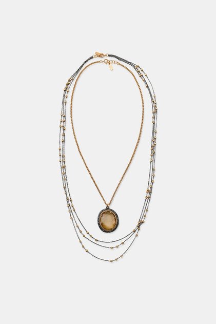 Vintage Gold and Anthracite Color Oval Medallion Pendant Multi-Layered Bead Detailed Women's Necklace