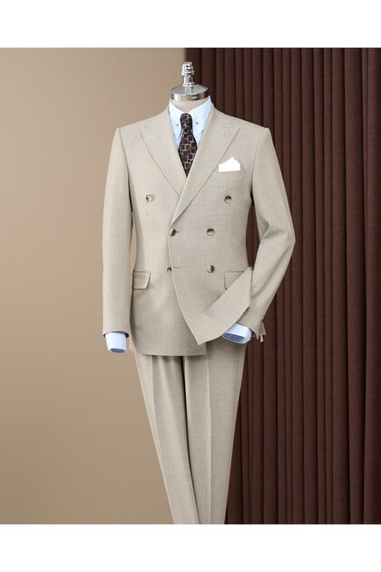 Slim Fit Double-Breasted Pointed Lapel Flap Pocket Striped Men's Suit Beige T20205-09