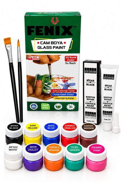 10 renk cam boyası seti (10x15 ml) siyah kontör boyası ve fırçalı set 1 adet