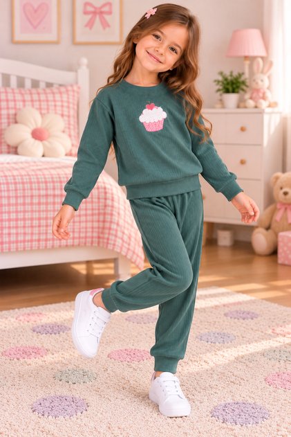 Girl's Ribbed Cupcake Printed 2-Piece Tracksuit Set – Sweatshirt & Sweatpants