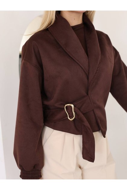 Mirel Women's Brown Suede Buckle-Lined Jacket with Collar and Elastic Waist and Ankle Cuffs