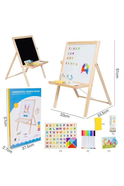 Șevalet Educational Multifuncțional din Lemn 3 în 1 – Tablă Albă Magnetică, Tablă Neagră pentru Cretă și Set Puzzle cu Litere, Cifre & Tangram