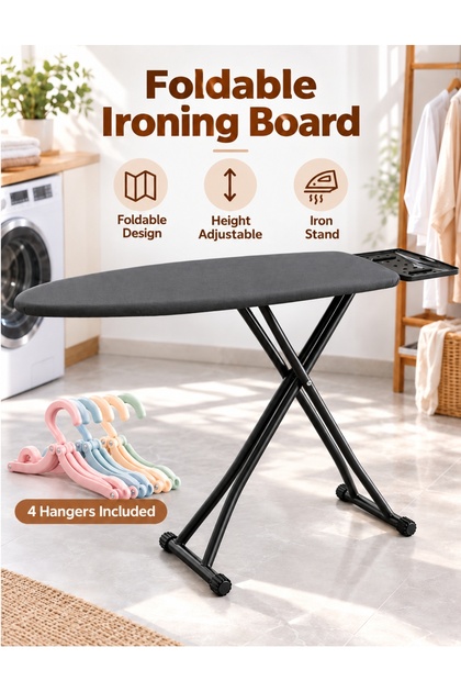 Adjustable Ironing Board with Breathable Mesh Surface, Heavy Duty Steel Frame, Foldable Design with Iron Rest, Non-Slip Legs, Large Ironing Area for Home Use