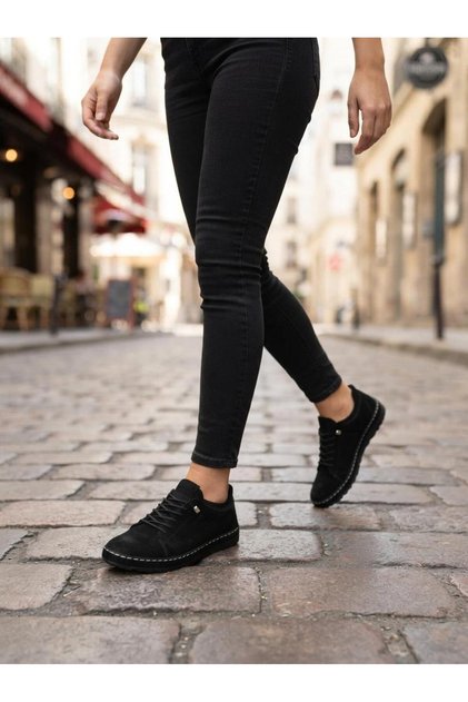 Black Suede Leather Elastic Women's Casual Shoes