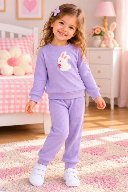 Girl's Ribbed Rabbit Print 2-Piece Set – Sweatshirt & Sweatpants – Casual Combination