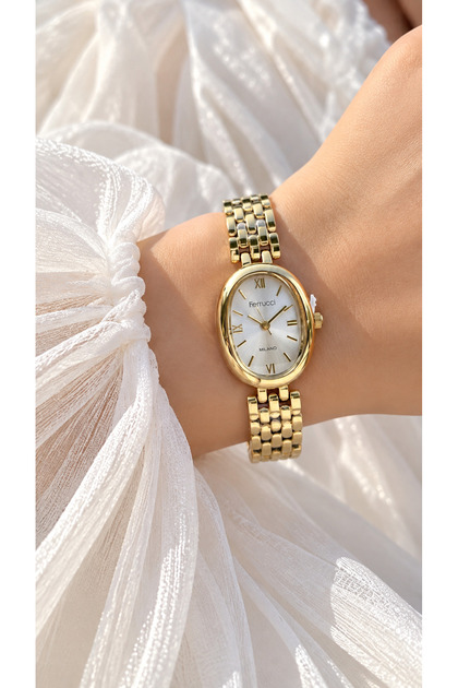 Oval Small Case-Yellow Color Steel Strap-White Dial-Stylish in Box-Women's Wristwatch