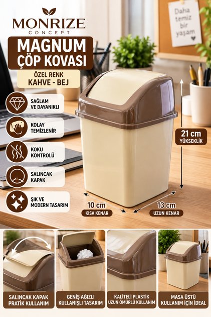 Magnum Mini Masaüstü Çöp Kovası Kahve Bej Salıncak Kapaklı Plastik Ofis Makyaj Masası Çöp Kutusu