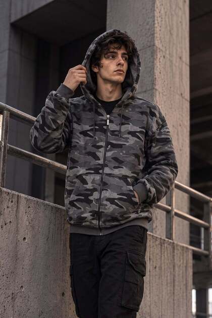 Men's Gray Black Camouflage Patterned Zippered Hooded 2 Thread Sweatshirt Cardigan with Kangaroo Pocket