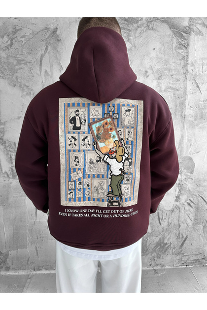 Burgundy Hooded Oversize Premium Van Gogh Patched Sweatshirt