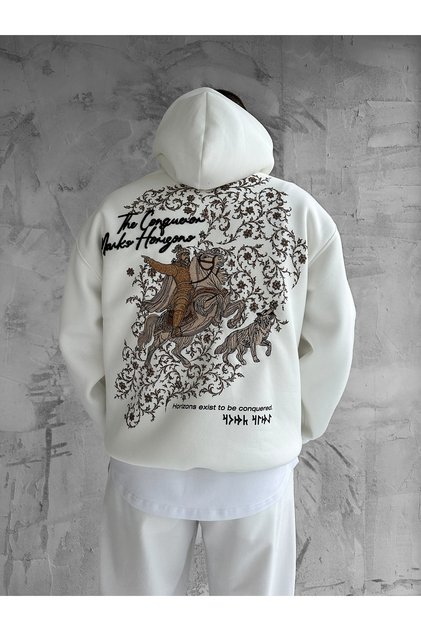 White Hooded Oversize Premium Conqueror Embroidered Sweatshirt