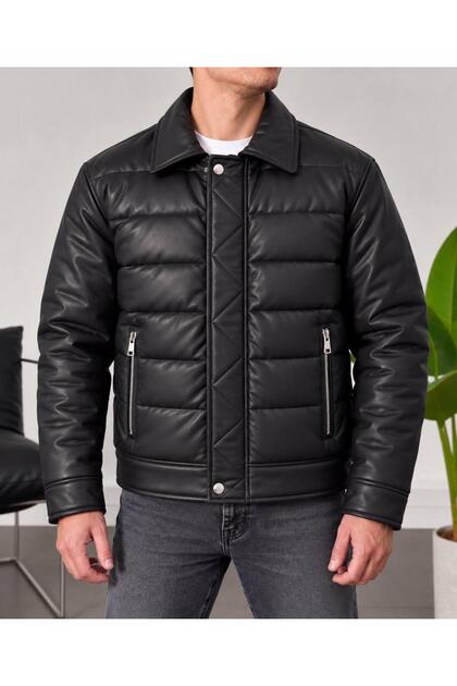 Leather Puffer Jacket with Filling