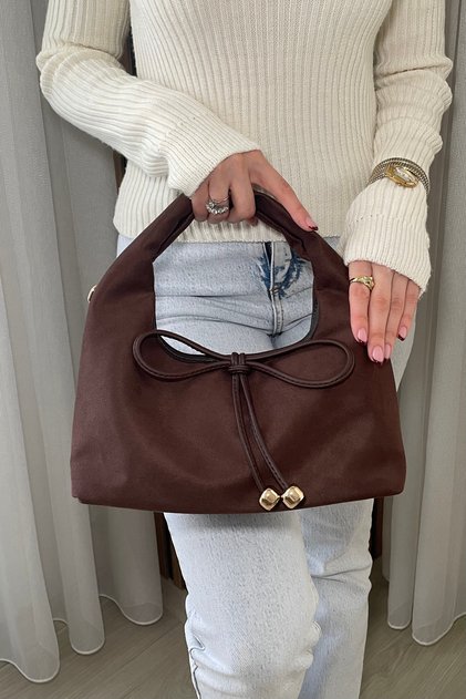 Women's Brown Suede Look Stylish Hand and Shoulder Bag with Bow Detail and Gold Accessories