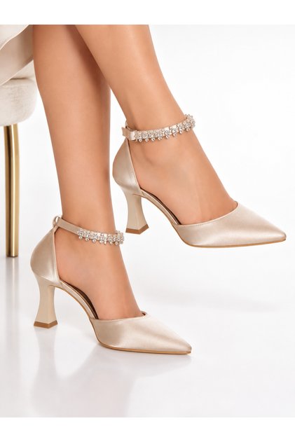 Women's Ankle Motif Stone-Embellished Satin Material Stylish and Comfortable Heeled Shoes