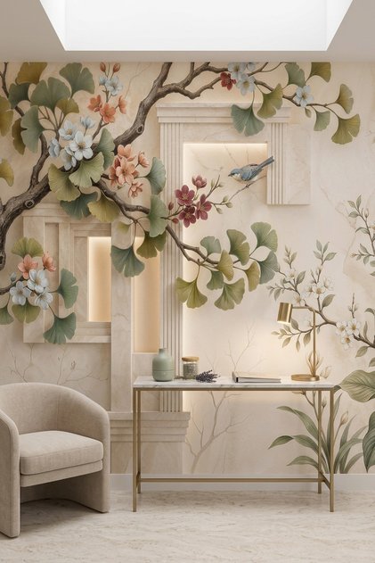 Serena Korusu - Bitki ve Mermer Niş Desenli Tek Parça Tekstil Duvar Kağıdı