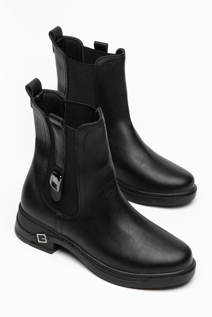 Women's Black Elastic Non-Slip Sole Boots with Buckle Detail