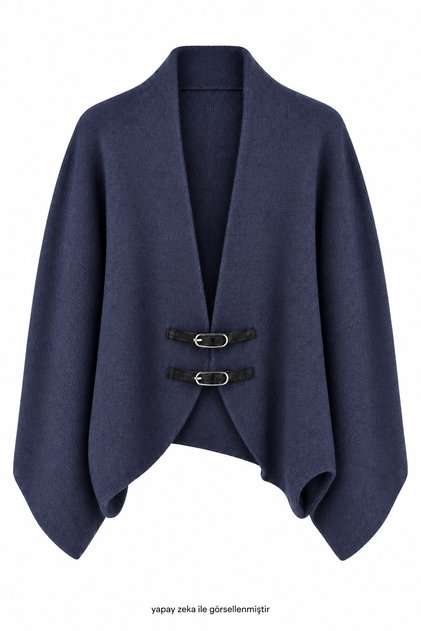 Leather Belt Detailed Poncho Knitwear Navy Blue