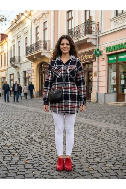 Hooded Lumberjack Shirt Tunic - Relaxed Fit, Navy Blue Red Plaid