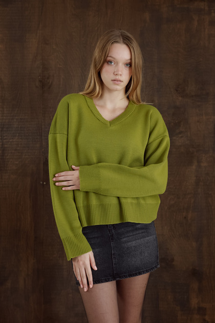 Yeşil V Yaka Oversize Kadın Triko Kazak MS2701