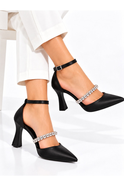 Women's Front Motif Stoned Satin Material Stylish and Comfortable Heeled Shoes