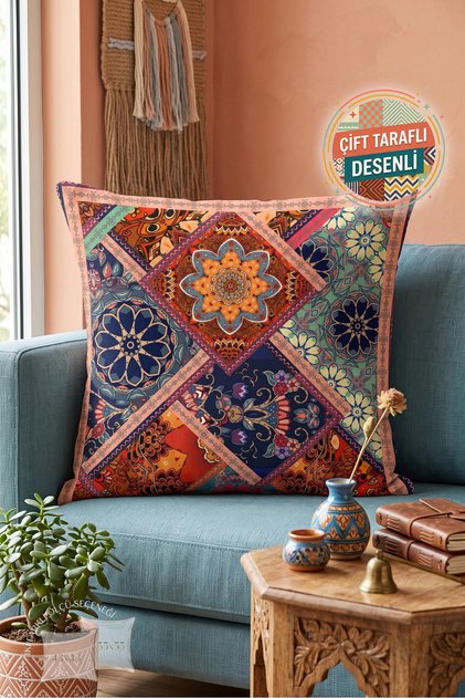 Etnik Patchwork Mandala Desenli Turuncu Yastık Kılıfı - Otantik Çok Renkli Bohem Kırlent Kılıfı