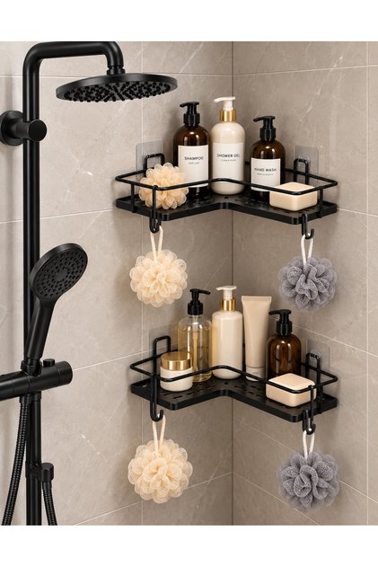 2 pieces adhesive bathroom corner shelf shower shampoo holder wall organizer rack black metal