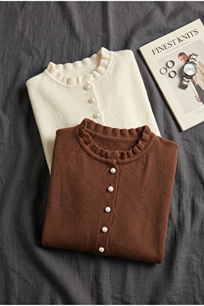Luxurious Soft Pearlescent Feathered Women's Knitwear Cardigan Brown-White 2-Piece Advantage Package