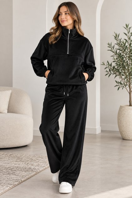 Women's Corduroy Suit with Zipper Top and Wide-Leg Pants