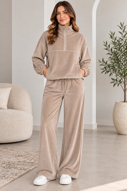 Women's Corduroy Suit with Zipper Top and Wide-Leg Pants