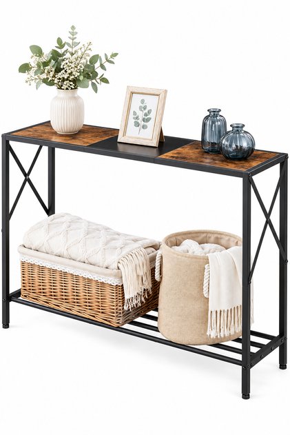 طاولة كونسول ضيقة بطول 106 سم مع رف تخزين، طاولة مدخل أو ردهة أو أريكة، بلون بني ريفي وأسود