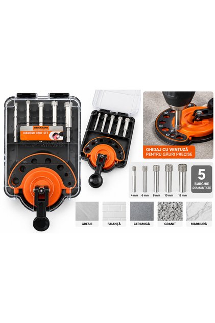 Set 5 burghie diamantate Professional Tools, 4–12 mm, cu ghidaj și ventuză, pentru gresie, ceramică, granit și marmură