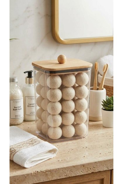 Transparent Acrylic Square Storage Container with Wooden Ball Lid - Bathroom and Kitchen Countertop Organizer