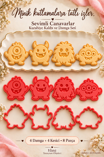 Cute Monsters Cookie Mold and Stamp Set 4 Motifs 8 Pieces Halloween