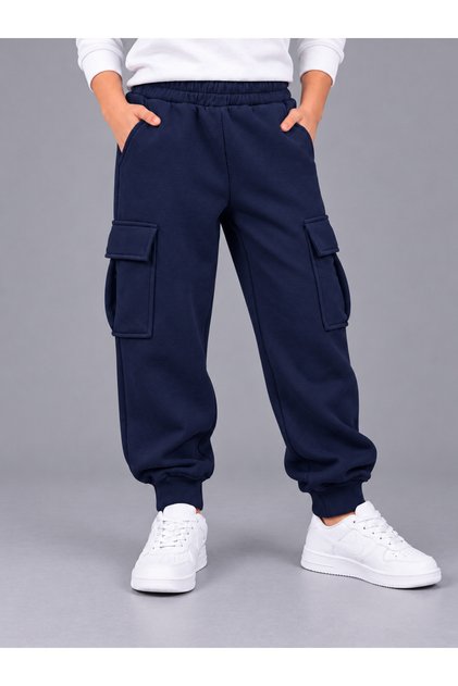 Unisex Children's Dark Blue Cargo Pocket Sweatpants 3-Strand Fabric Without Pull-Straps 100% Cotton Product (4-Season)