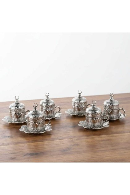 Turkish Coffee Cup Set with Tulip Pattern, 6 Pieces, Metal Silver – Lalezar Model
