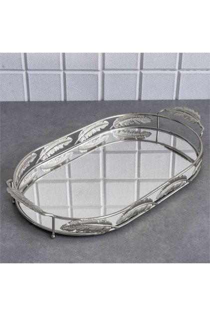 Mirrored Tray Decorative Presentation Tray XL Size Leaf Silver 54 X 28 cm