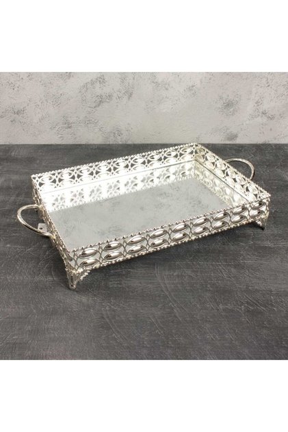 Mirrored Tray Decorative Presentation Tray Large Size Almond Patterned Metal Silver 35 X 25 cm