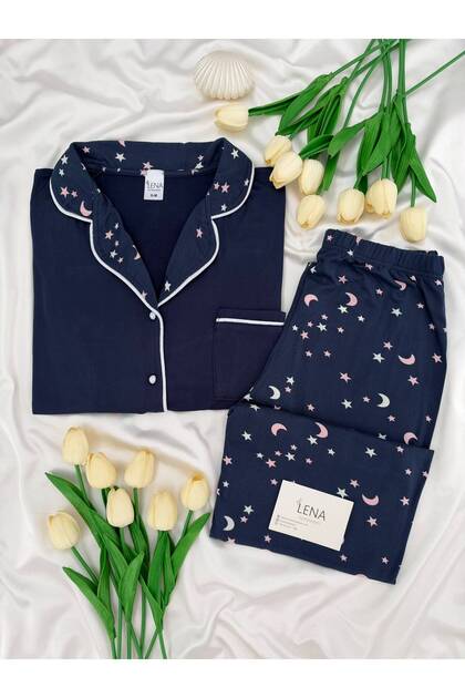 Ecru Star & Moon Patterned Navy Blue Milan Long Sleeve Pajama Set