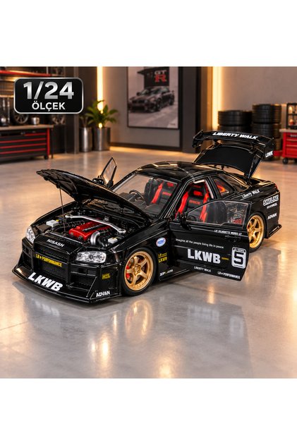 1/24 Ölçek Nissan Skyline GT-R R34 Liberty Walk Siyah Metal Model Araba – Kapılar, Kaput ve Bagaj Açılır