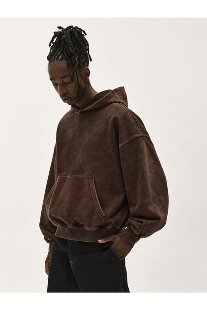 Unisex Oversize Kapüşonlu Sweatshirt Asit Yıkamalı 3 İplik Kahverengi Hoodie