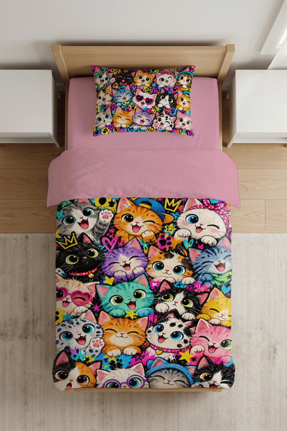 Colorful Cats Patterned Single Girl's Duvet Cover Set - Without Sheets