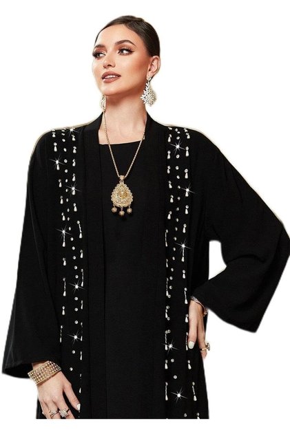 Women's Black Open Abaya with Pearl and Rhinestone Embellishment