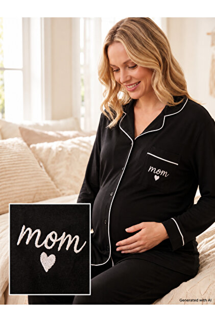 Likapashop Interlock Buttoned Embroidered Maternity Long Sleeve Pajama Set