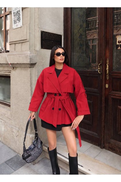 Women's Red Trench Coat with Pockets, Belted, Windproof, New Season Outerwear